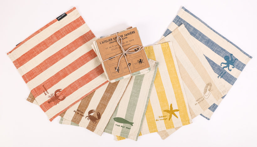 Lot de 6 serviettes de table broderie vue sur mer (rayures)