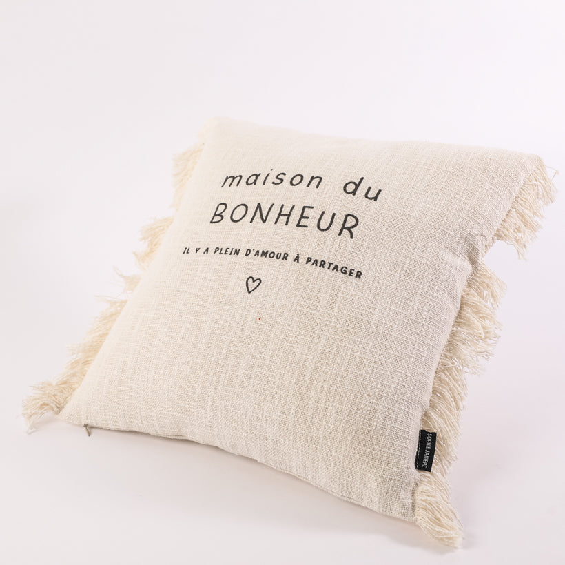 Coussin carré franges maison du bonheur