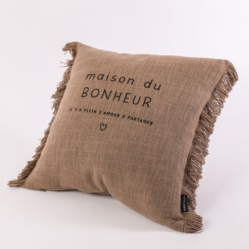 Coussin carré franges maison du bonheur