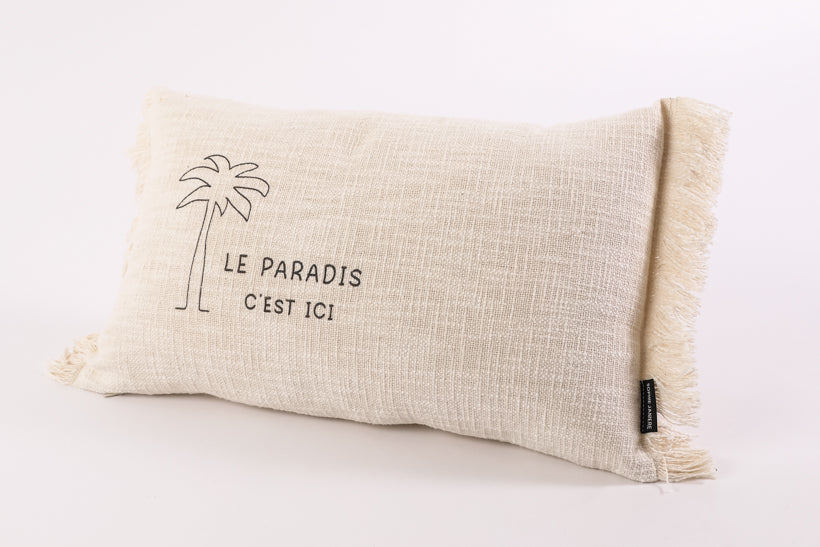 Coussin rectangle franges palmier le paradis c'est ici