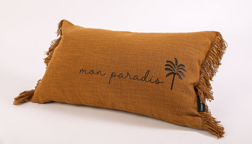 Coussin rectangle frangés palmier mon paradis