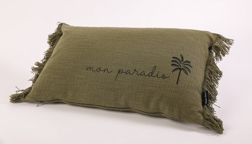 Coussin rectangle frangés palmier mon paradis