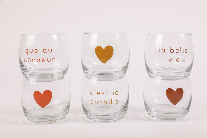 6 verres ronds coeur c'est le paradis