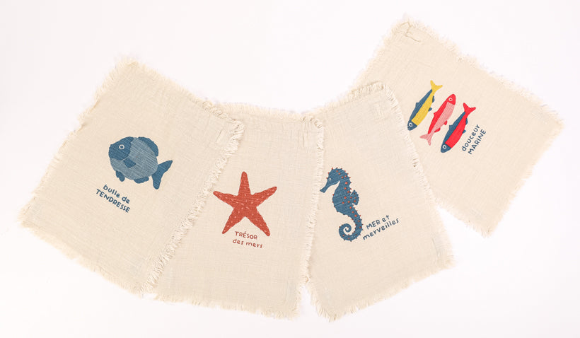 Lot de 4 essuie-mains dessins mer