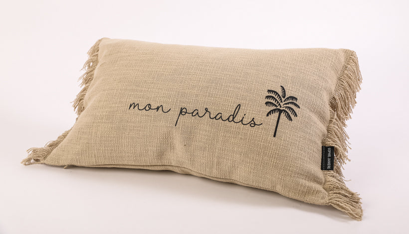 Coussin rectangle frangés palmier mon paradis